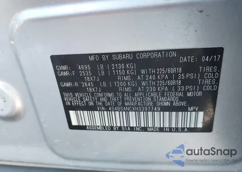 2017 Subaru Outback 2.5I Limited from USA, damaged, VIN 4S4BSANCXH3397749